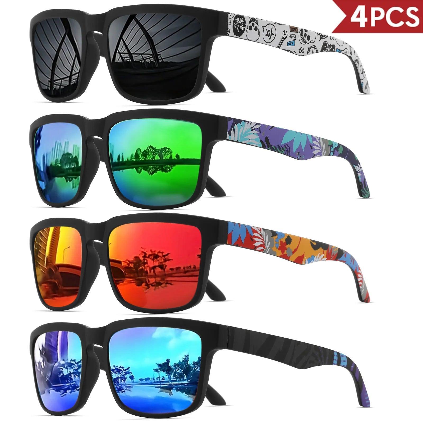4PCS Square Sports Sunglasses with Designer Temple Pattern - UV400 for Men/Women, Beach Vacation