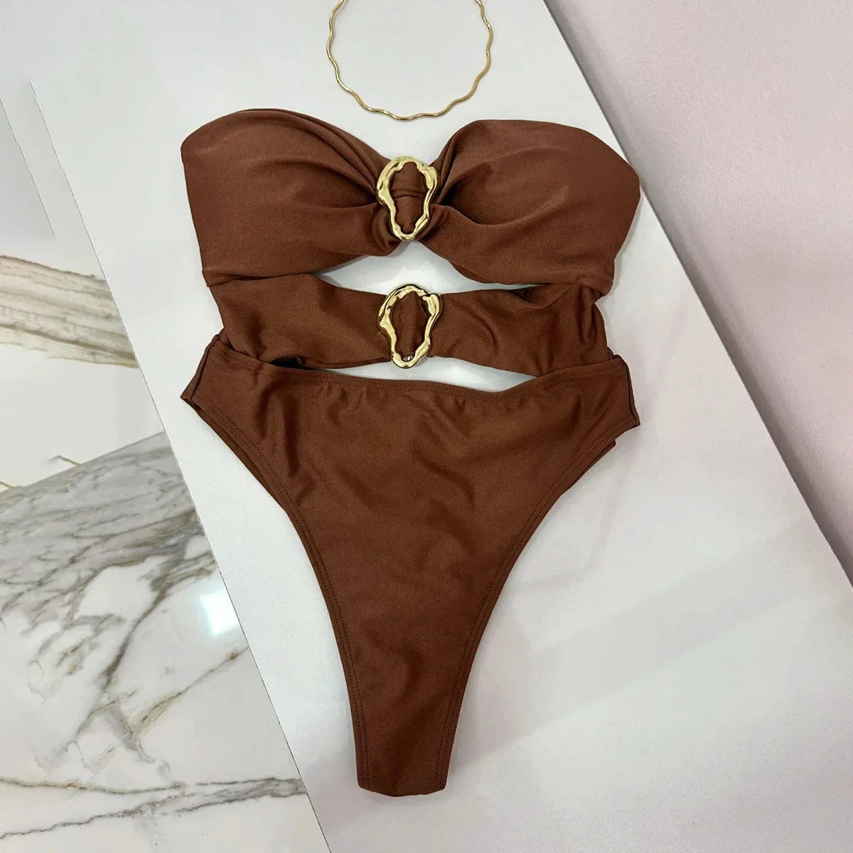 Women's Sexy Bandeau One Piece Swimsuit with Metal Rings Cut out High Leg Female Swimwear in 3 Colors Neoprene Knit Polyester Nylon