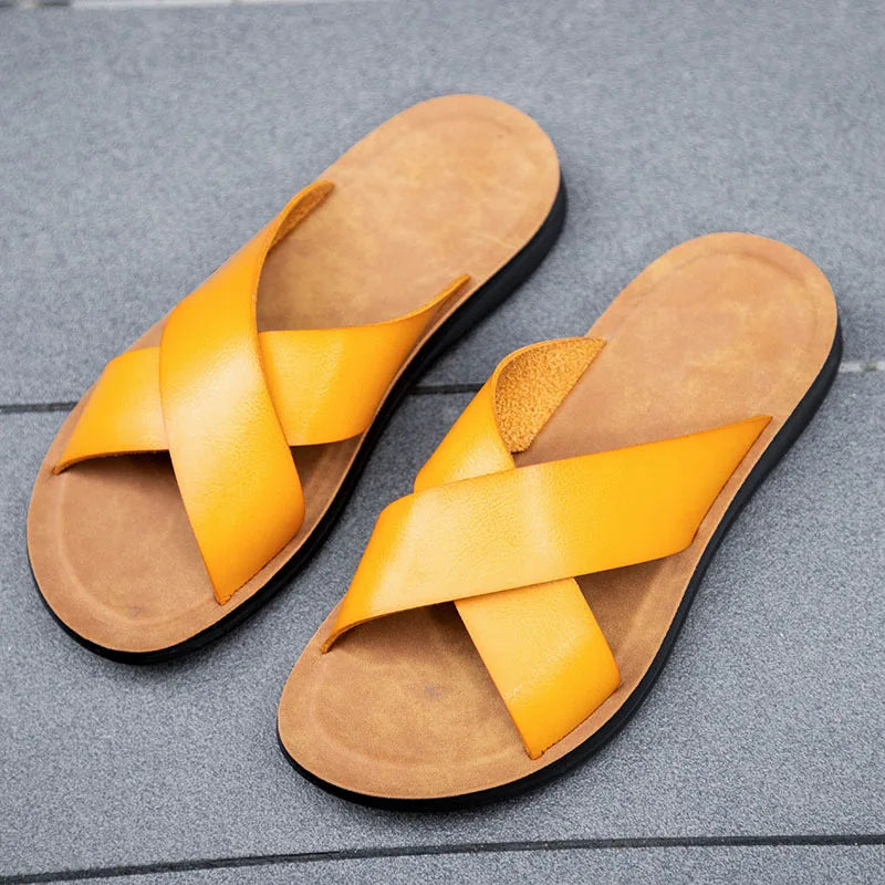 Italian Leather Slippers for Men Summer Hotel Beach High Quality Slip on Light Flats Male Flip Flops Big Size 38-47