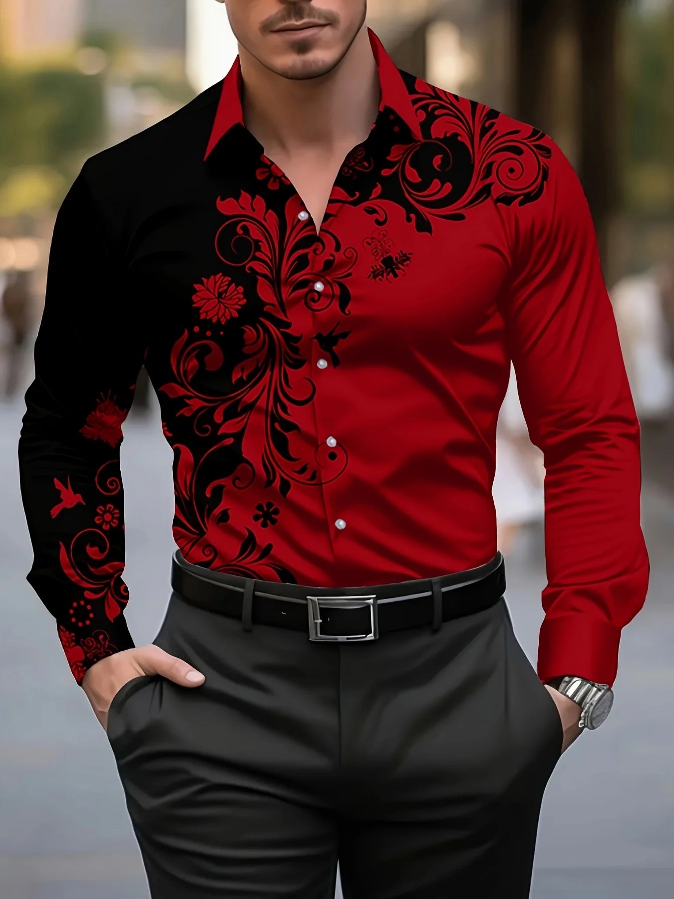 Men'S Stylish Floral Print Dress Shirt - Casual Long Sleeve Button-Up Design Floral Print Shirt