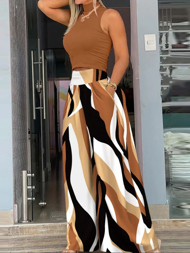 Plus Size Printing Two Piece Set Women Casual Solid Sleeveless Tank Top Wide Leg Pants Two Piece Set 2026 Fashion Clothing