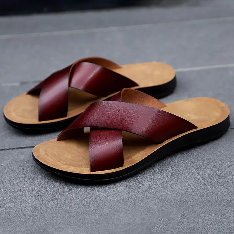 Italian Leather Slippers for Men Summer Hotel Beach High Quality Slip on Light Flats Male Flip Flops Big Size 38-47