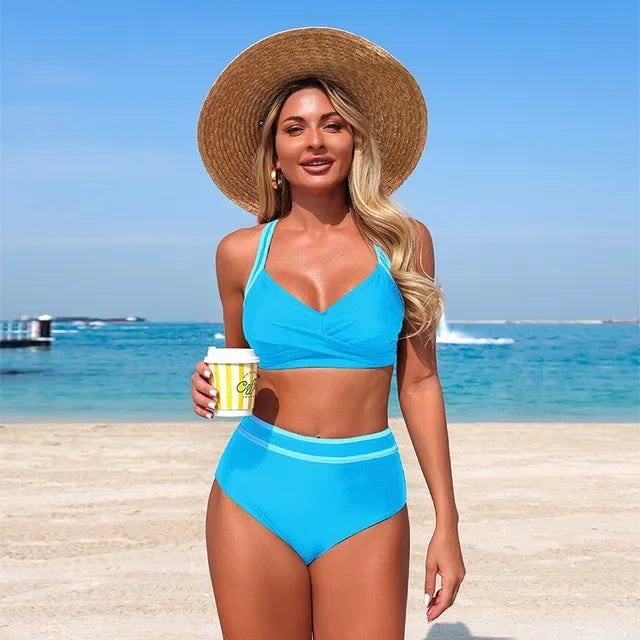 Women's solid colors/white stripe Bikini set beach style, two-piece swimsuit backless swimsuit