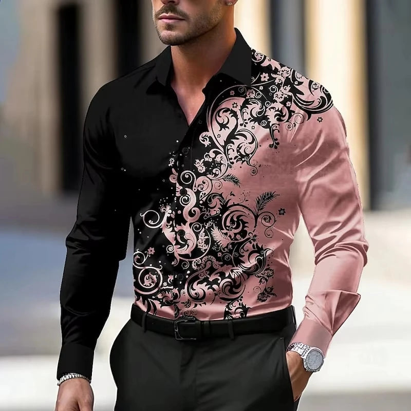 Men'S Stylish Floral Print Dress Shirt - Casual Long Sleeve Button-Up Design Floral Print Shirt