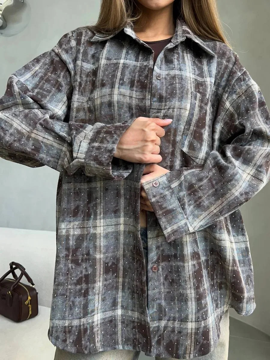 Women's Spring Loose Blouse Rhinestone Lapel Casual Top Long Sleeve Plaid T-Shirt Korean Style Vintage Fashion Chic Middle Age
