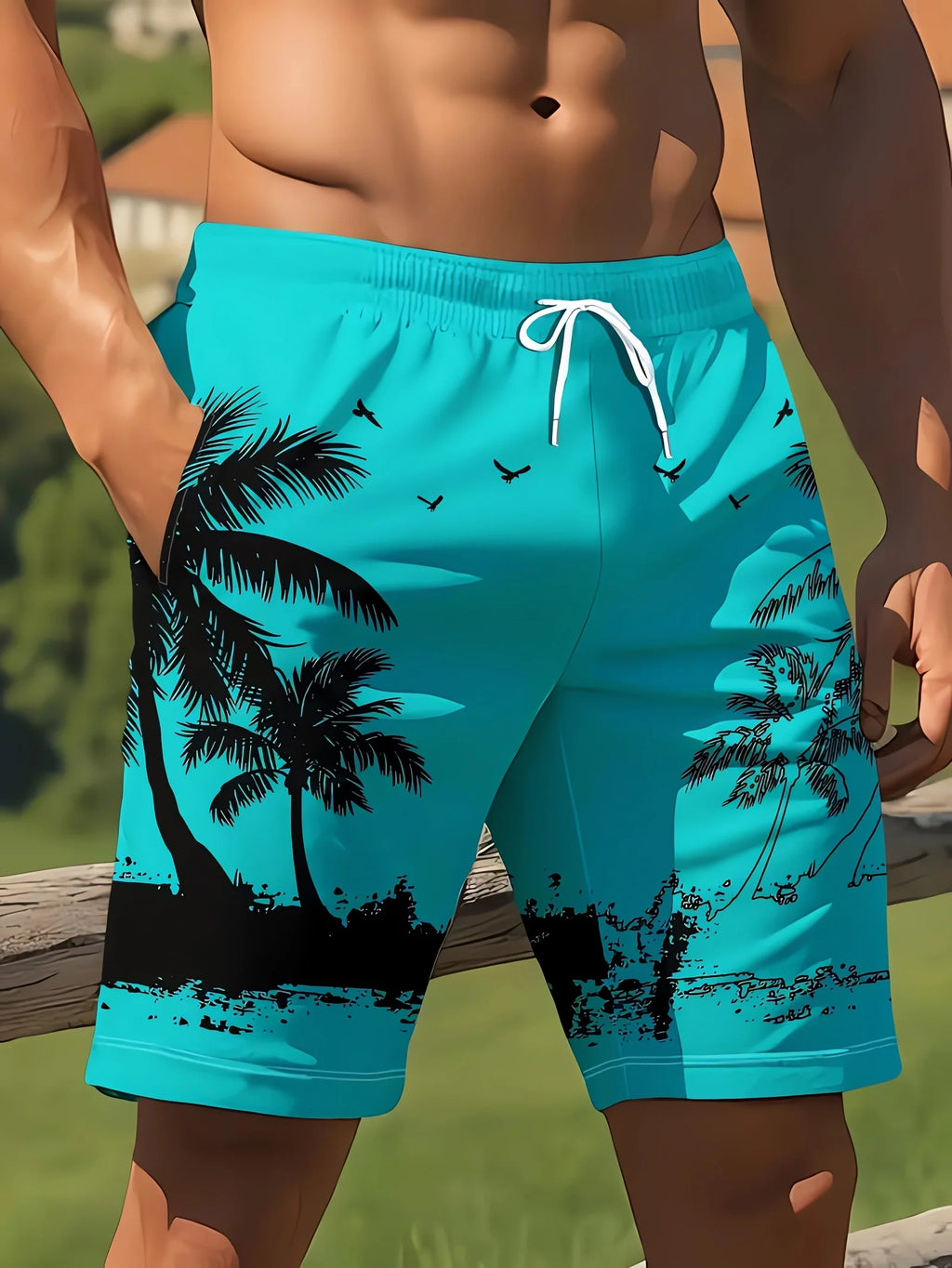 Men's Ocean Coconut Tree Print Beach Shorts Summer New Vacation Surfboard Casual Classic Men's Quick-Dry Shorts
