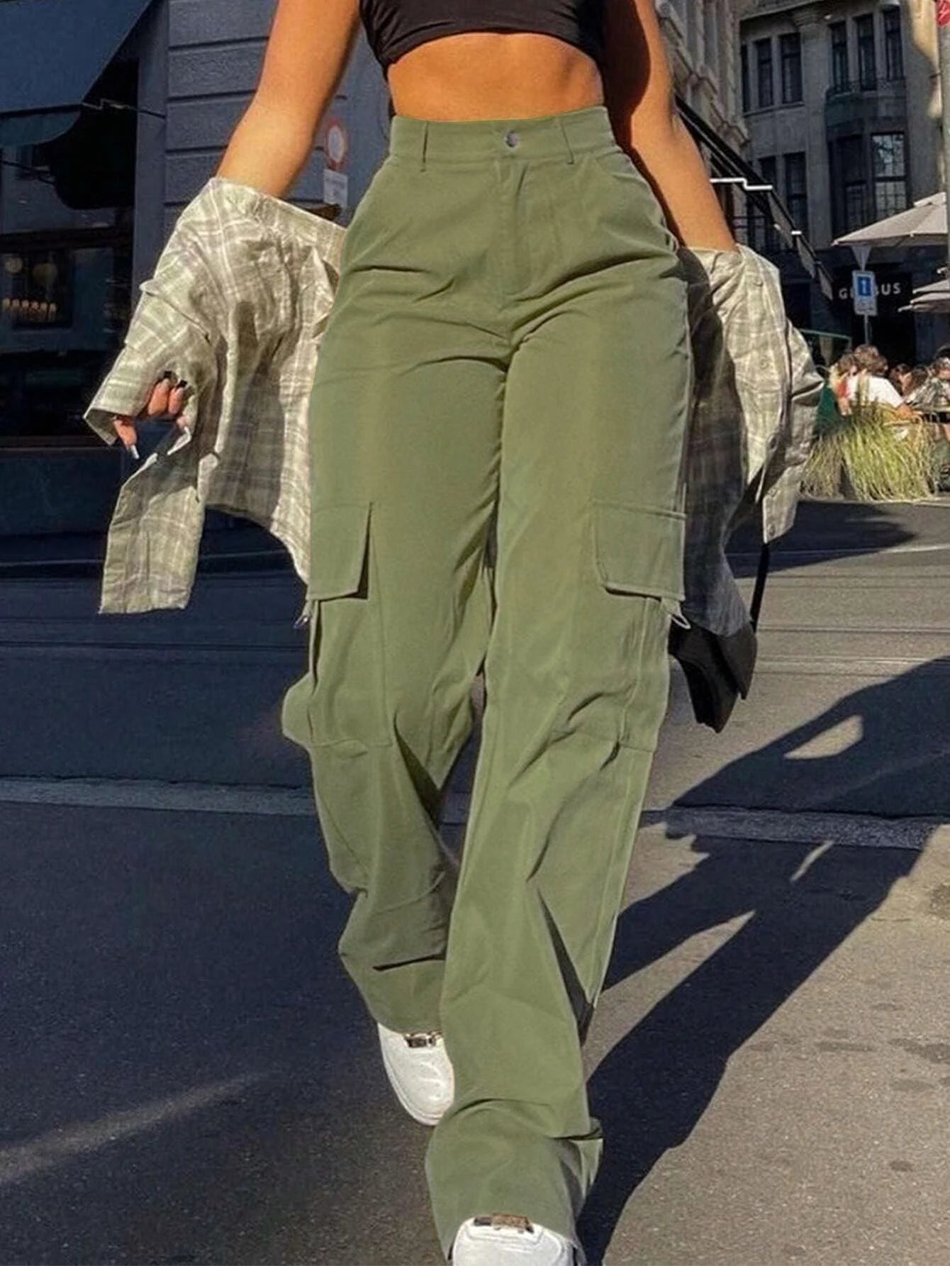 Women's Plain High Waist Cargo Pants, Pocket Button Trousers for Daily Wear, Ladies Bottoms