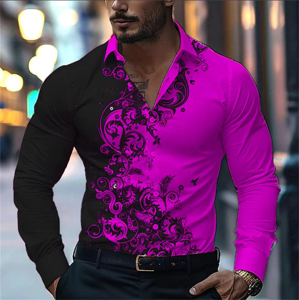 Men'S Stylish Floral Print Dress Shirt - Casual Long Sleeve Button-Up Design Floral Print Shirt