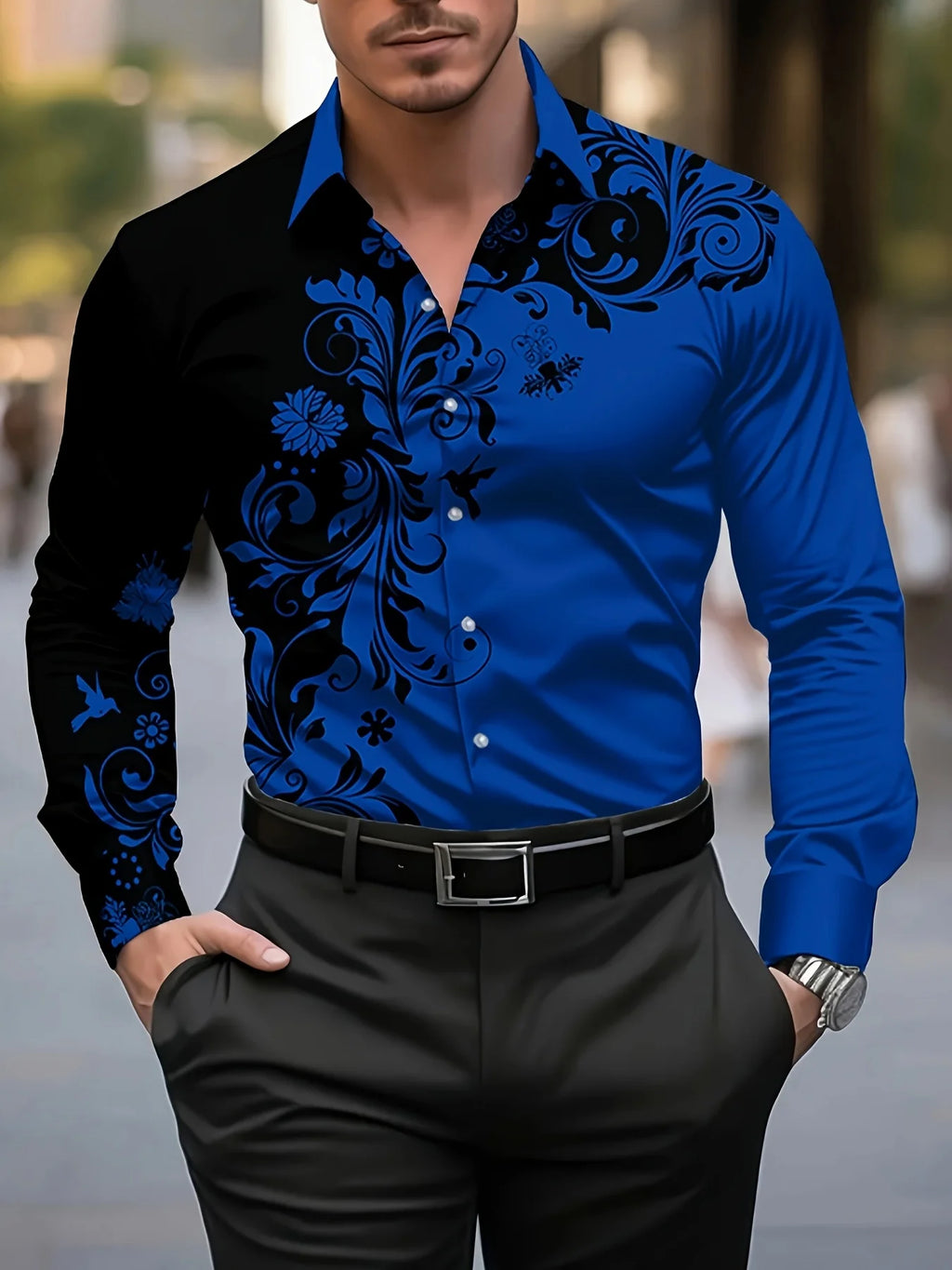 Men'S Stylish Floral Print Dress Shirt - Casual Long Sleeve Button-Up Design Floral Print Shirt
