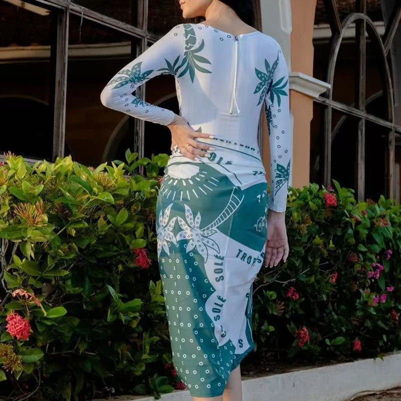 Summer New Beach Vacation 2 Piece Casual Pattern Printed Swimsuits Suits Fashion Slim Long Sleeve Bodysuit + Half Skirts Outfits