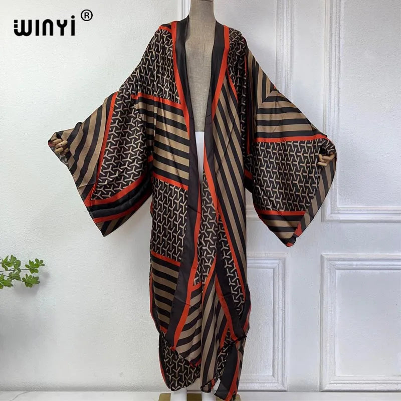 Women Cardigan stitch Cocktail sexy Boho Maxi African Holiday Batwing Sleeve Silk feeling Robe