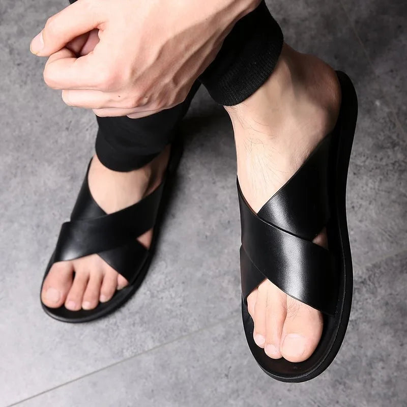 Genuine Leather Sandals for Men Casual Non-Slip Beach Shoes Fashion Soft Soled Flip Flops Men Flat Shoes