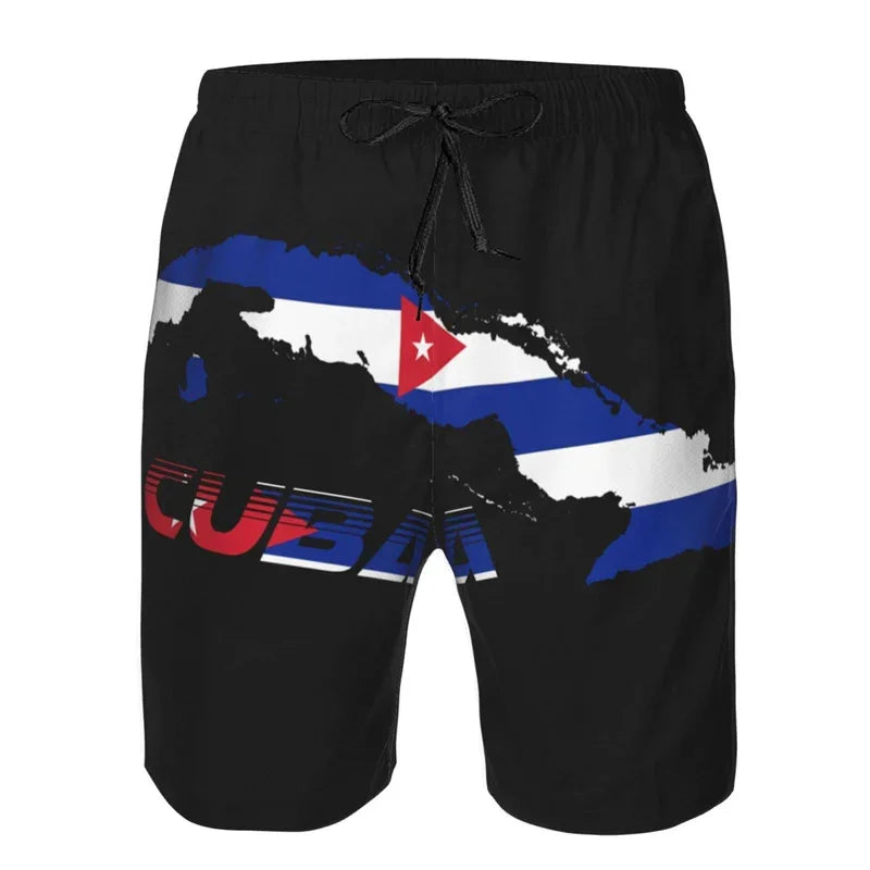 Men Cuba Pattern Beach Shorts Drawstring Quick Dry Street Loose Swimwear Surf Board Shorts
