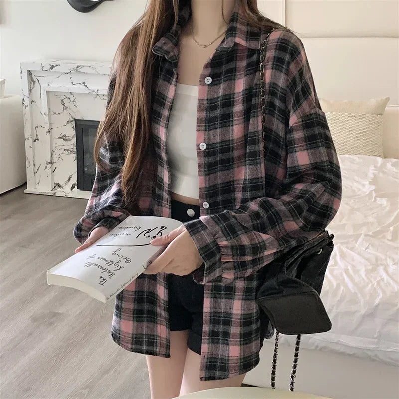 Flannel Shirts for Women Long Sleeve Collared Button-Up Tartan Plaid Shirt Jacket  Teen-girl Casual Everyday Outfit