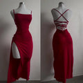 Summer High Sensibility Halter Strap Dress Ankle-Length Slim Fit Spaghetti Strap Spice Girl Style Junior Women's Polyester Elastane