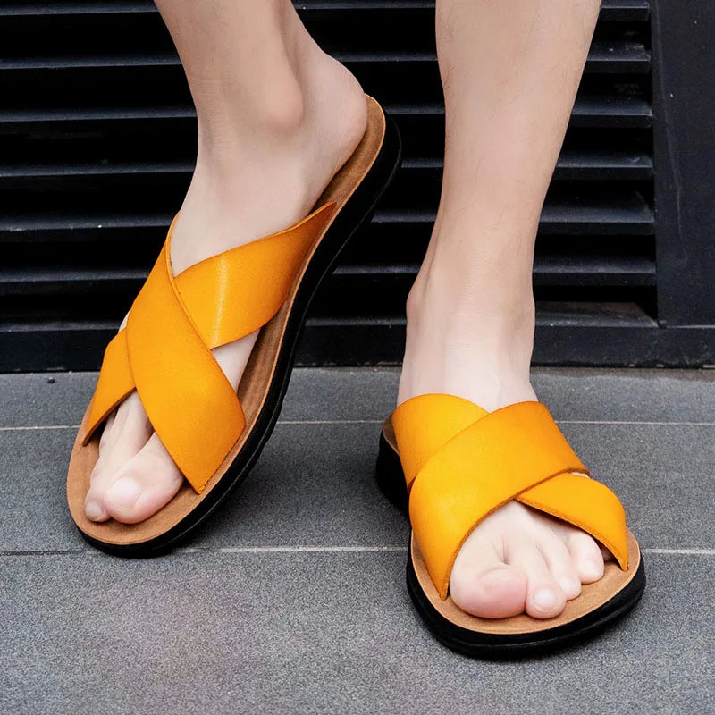 Italian Leather Slippers for Men Summer Hotel Beach High Quality Slip on Light Flats Male Flip Flops Big Size 38-47