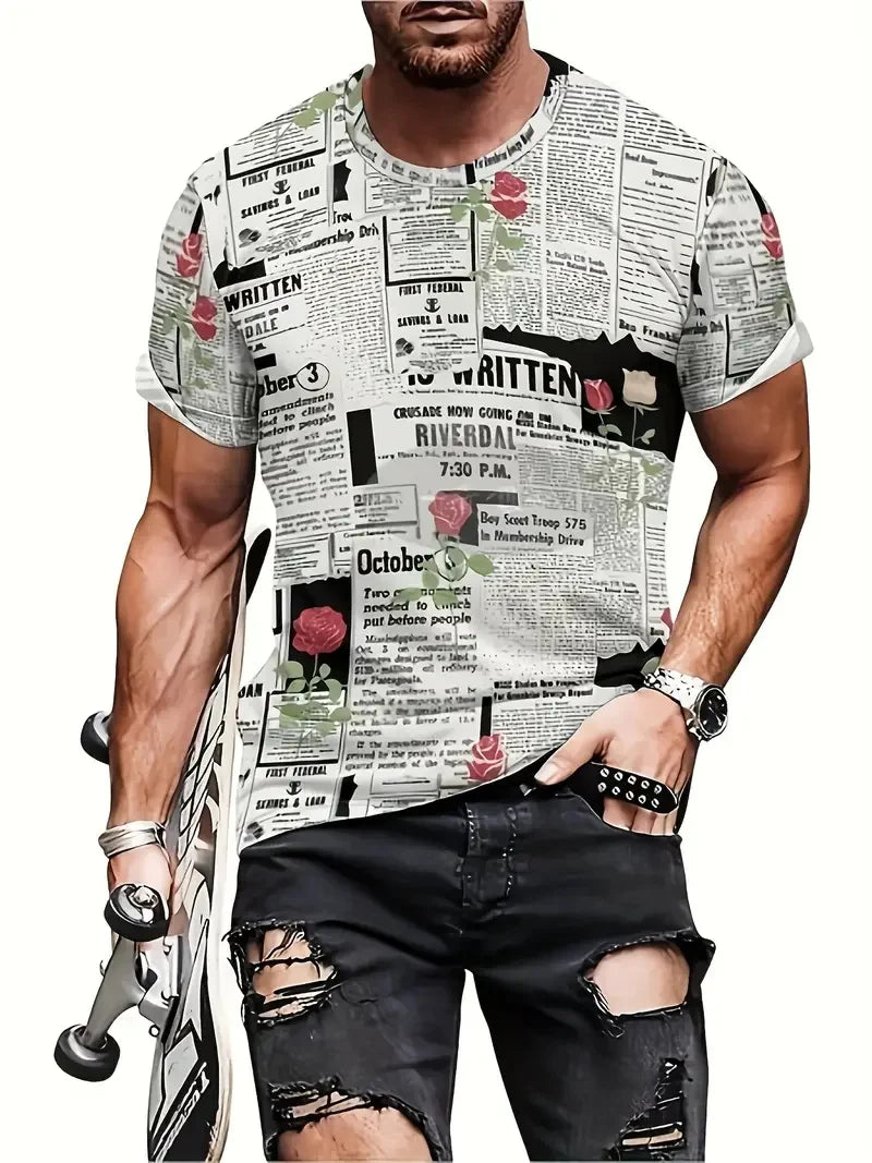 Men's Newspaper Graphic T-Shirt Clothes Casual Crew Neck Short Sleeve T shirts