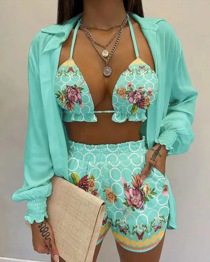 New Bathing Suit Shorts Cover Up Summer Three Pieces Swimwear Sexy Beachwear High Waist Bikini Set Print Women's Swimsuit
