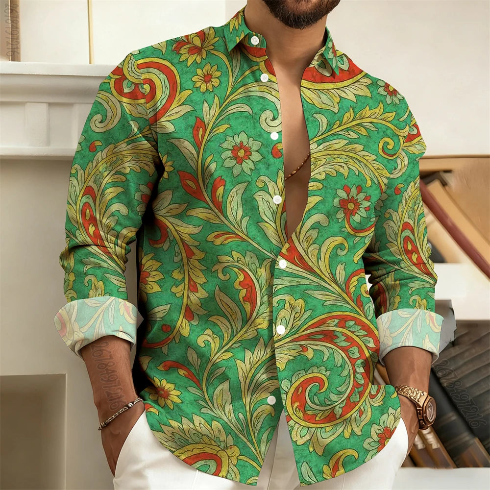 Men's Long-Sleeved Shirt with Paisley Cashew Pattern Print, Vintage, Comfortable, and Stylish Casual Men's Lapel Top