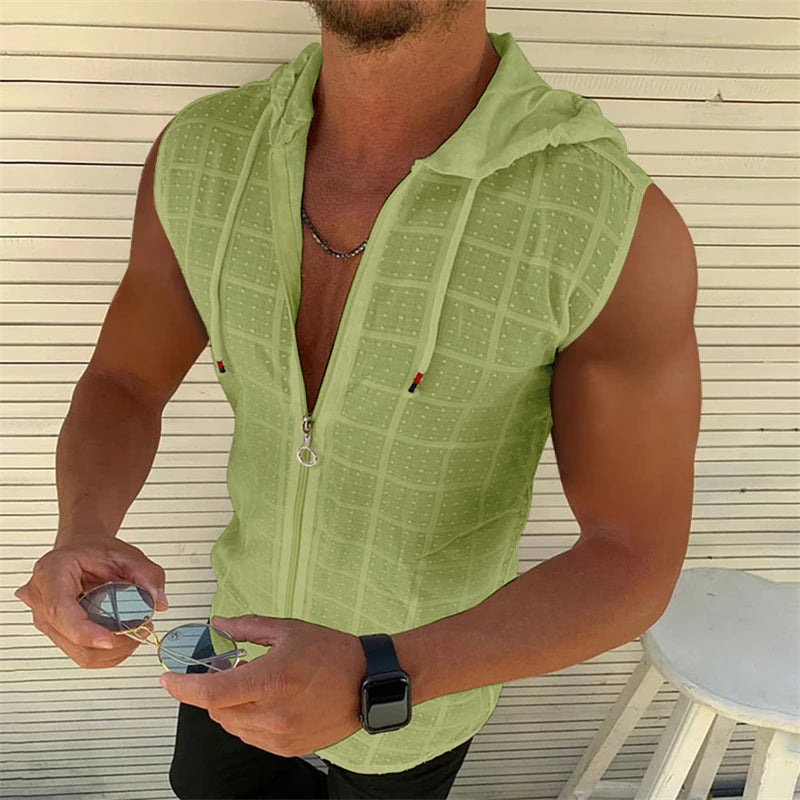 Sleeveless hooded zippered cardigan T-shirt for men's summer new fashionable