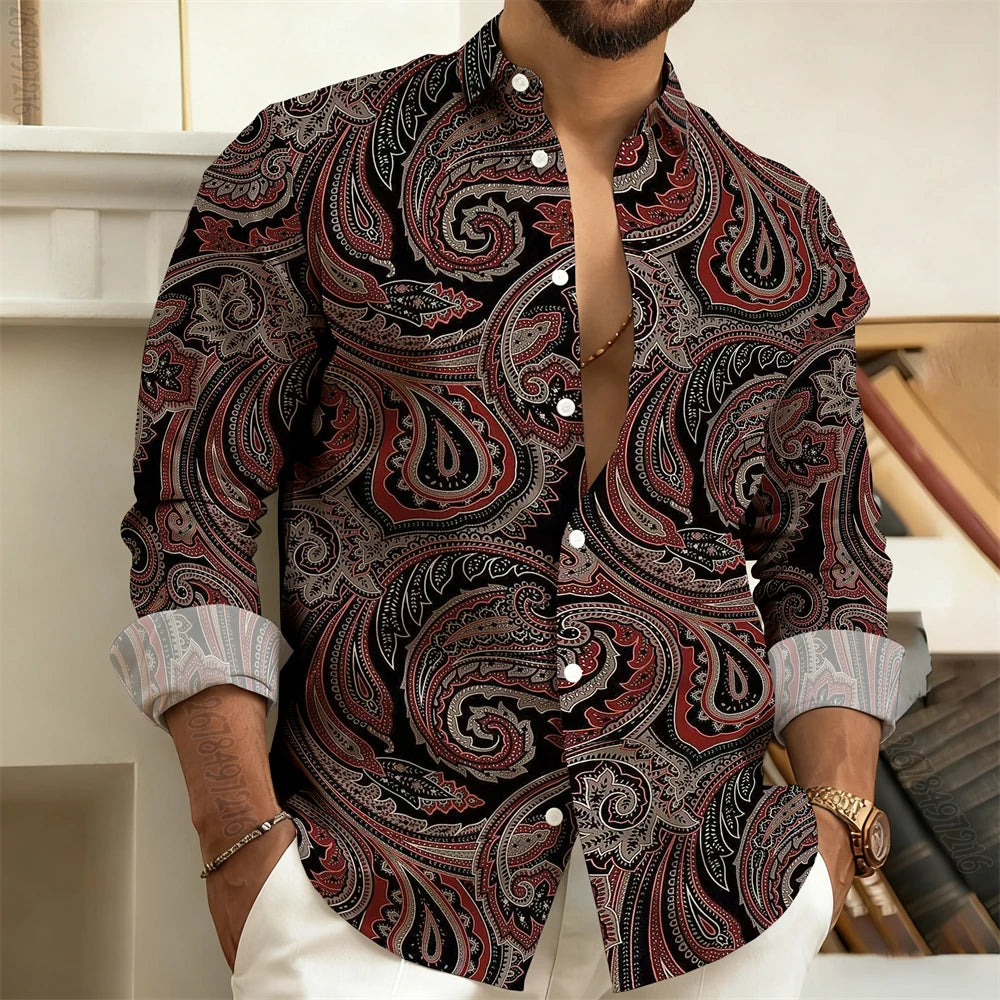 Men's Long-Sleeved Shirt with Paisley Cashew Pattern Print, Vintage, Comfortable, and Stylish Casual Men's Lapel Top