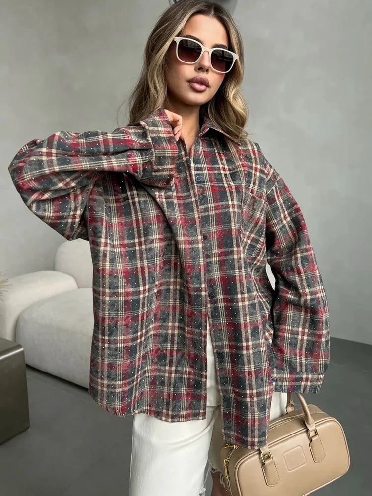 Women's Spring Loose Blouse Rhinestone Lapel Casual Top Long Sleeve Plaid T-Shirt Korean Style Vintage Fashion Chic Middle Age