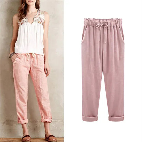 Cotton Linen Pants, Elastic Mid Waist Ankle Length Pant, Casual Women Loose Spring Pants
