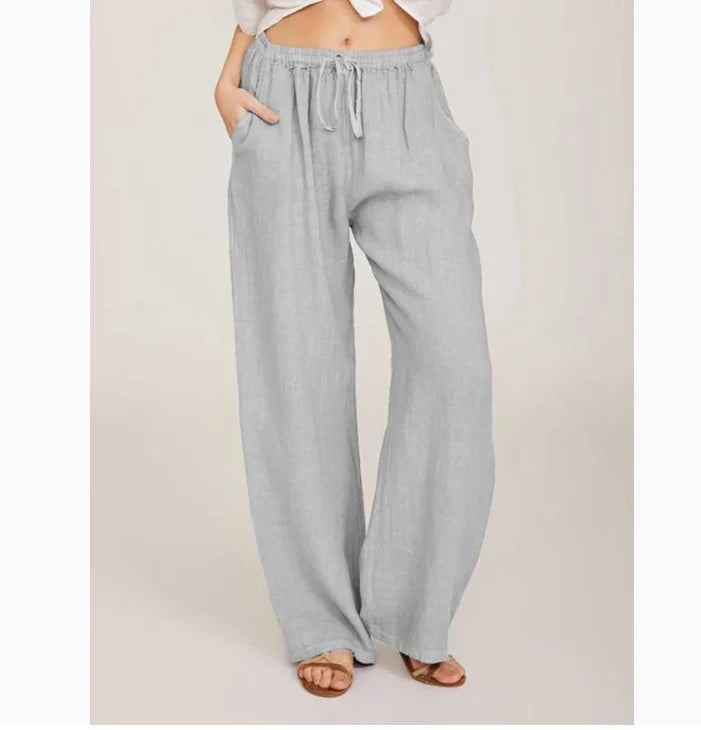 Women Fashion Cotton Linen Pants Elastic Waist Loose Straight Pants Female Casual Solid Color Versatile Trousers