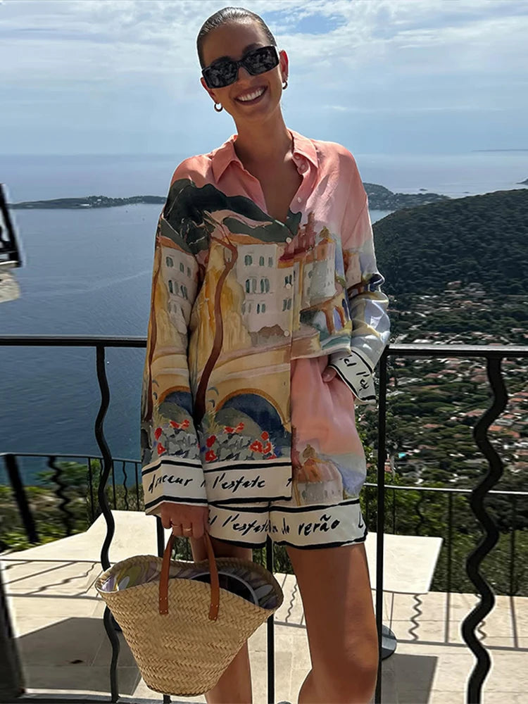 Fashion Printed 2 Piece Set Loose Lapel Button Long Sleeved Shirt Elastic Waist Shorts Suit Lady Set