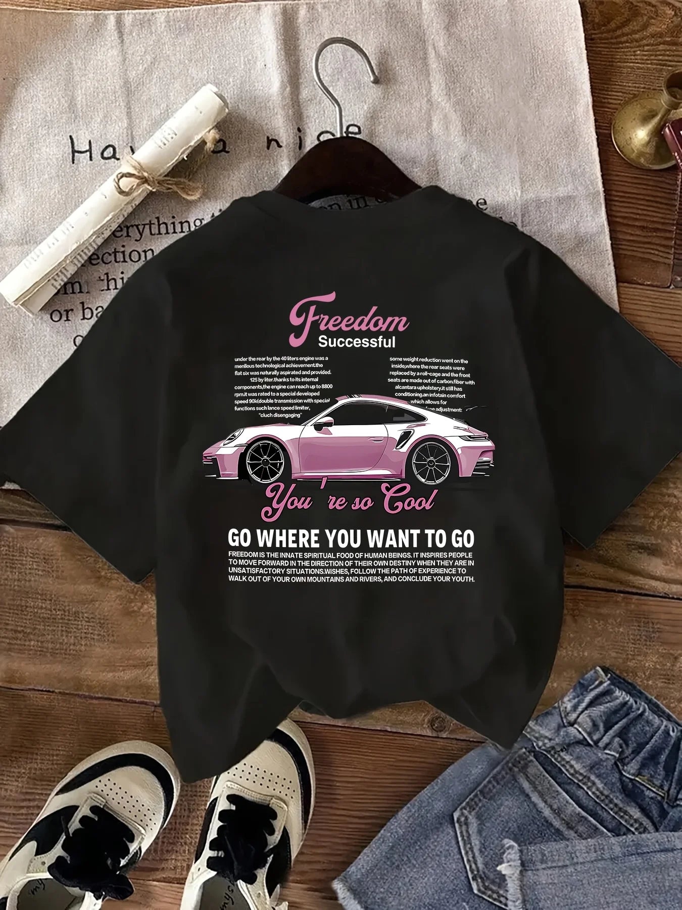 Pink Sports Car Freedom Women's Tee - Trendy Automotive Graphic, Casual Cool Top