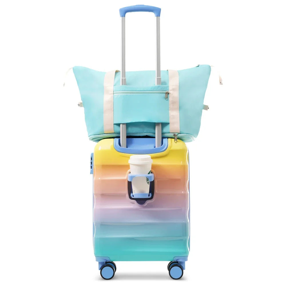 2 Piece 20" Carry-on Luggage Set with Cup Holder Lightweight Glossy Hardshell Suitcase Spinner Wheels TSA Lock Airline Approved