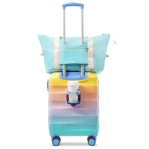 2 Piece 20" Carry-on Luggage Set with Cup Holder Lightweight Glossy Hardshell Suitcase Spinner Wheels TSA Lock Airline Approved