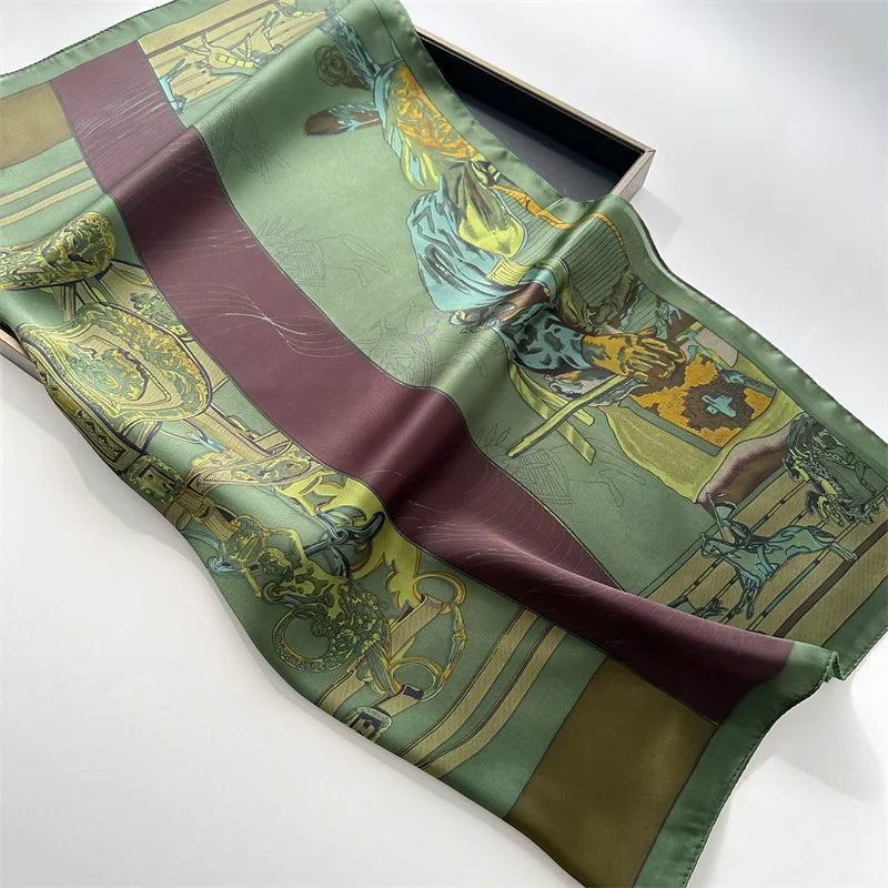 Retro Horse Print Neckerchief 70*70cm Green Square Scarf Women’s Breathable Imitation Silk Bandannas
