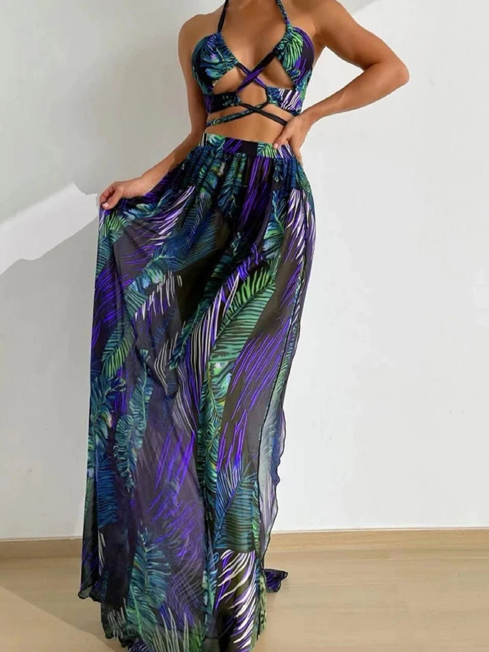 3 Pieces Tie Dye Cross Bikini, Women Sexy Halter Swimsuit & Cover Up Pants Swimwear Bathers Bathing Swimming Suit Beachwear