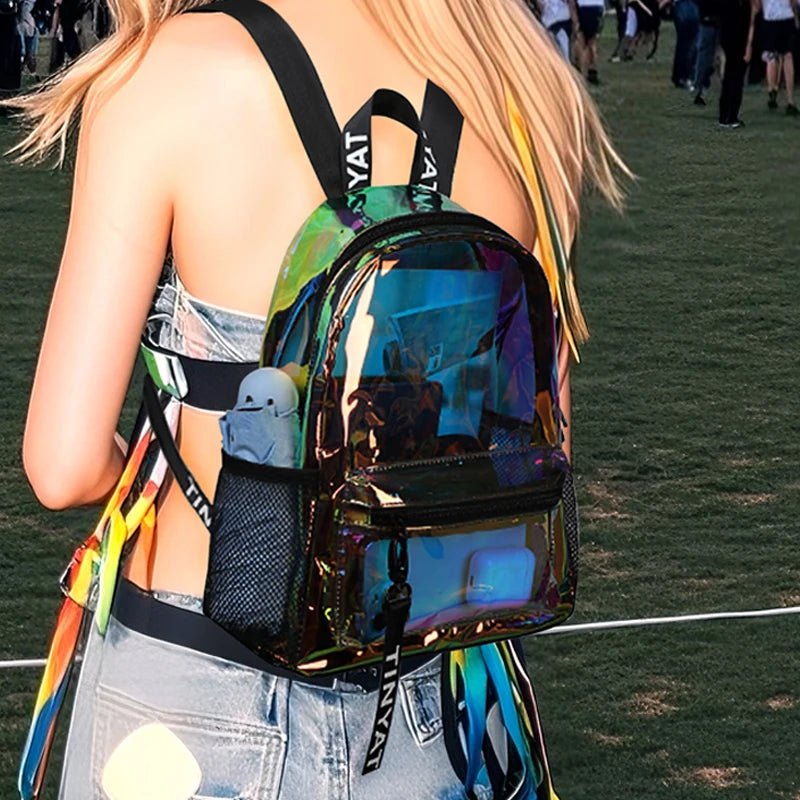 TINYAT PVC Clear Backpacks for Women Stylish Music Festival Water Resistant School Bag ita Bag for Easy Inspection During Travel