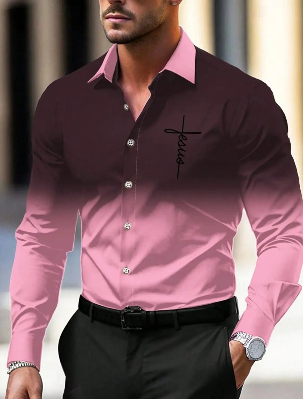 Men's Business Casual Printed Long Sleeve Shirt Formal Button Up Shirt Cuffed Long Sleeve