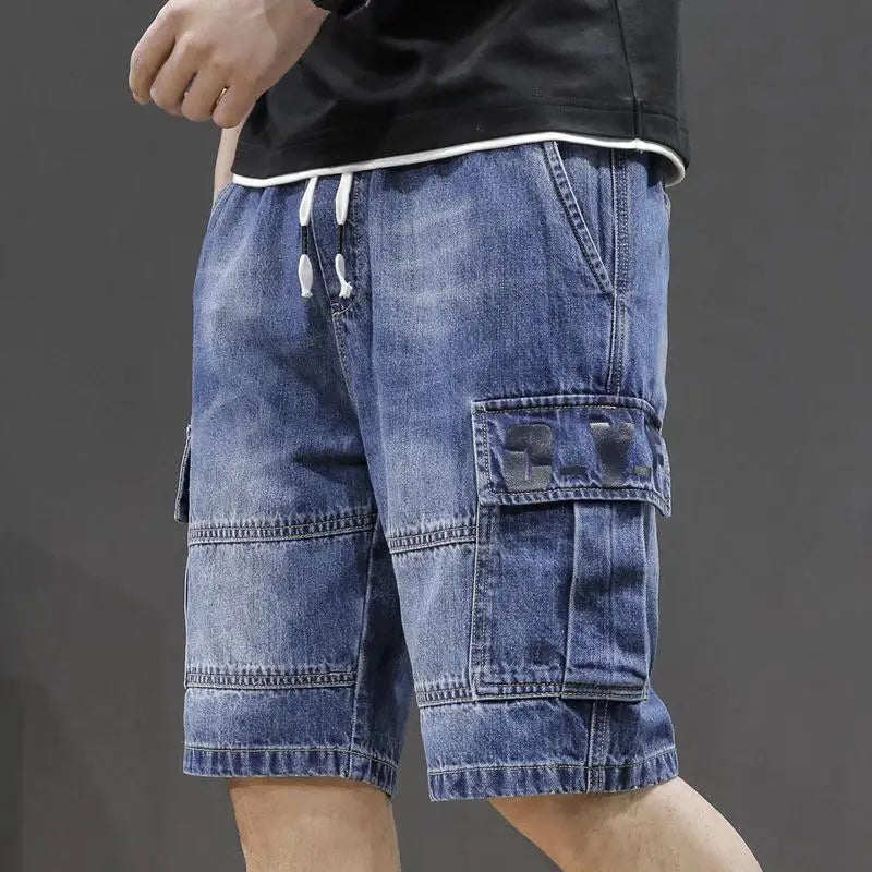 Men's Short Jeans Pants Straight Drawstring with Text Male Denim Shorts Cargo