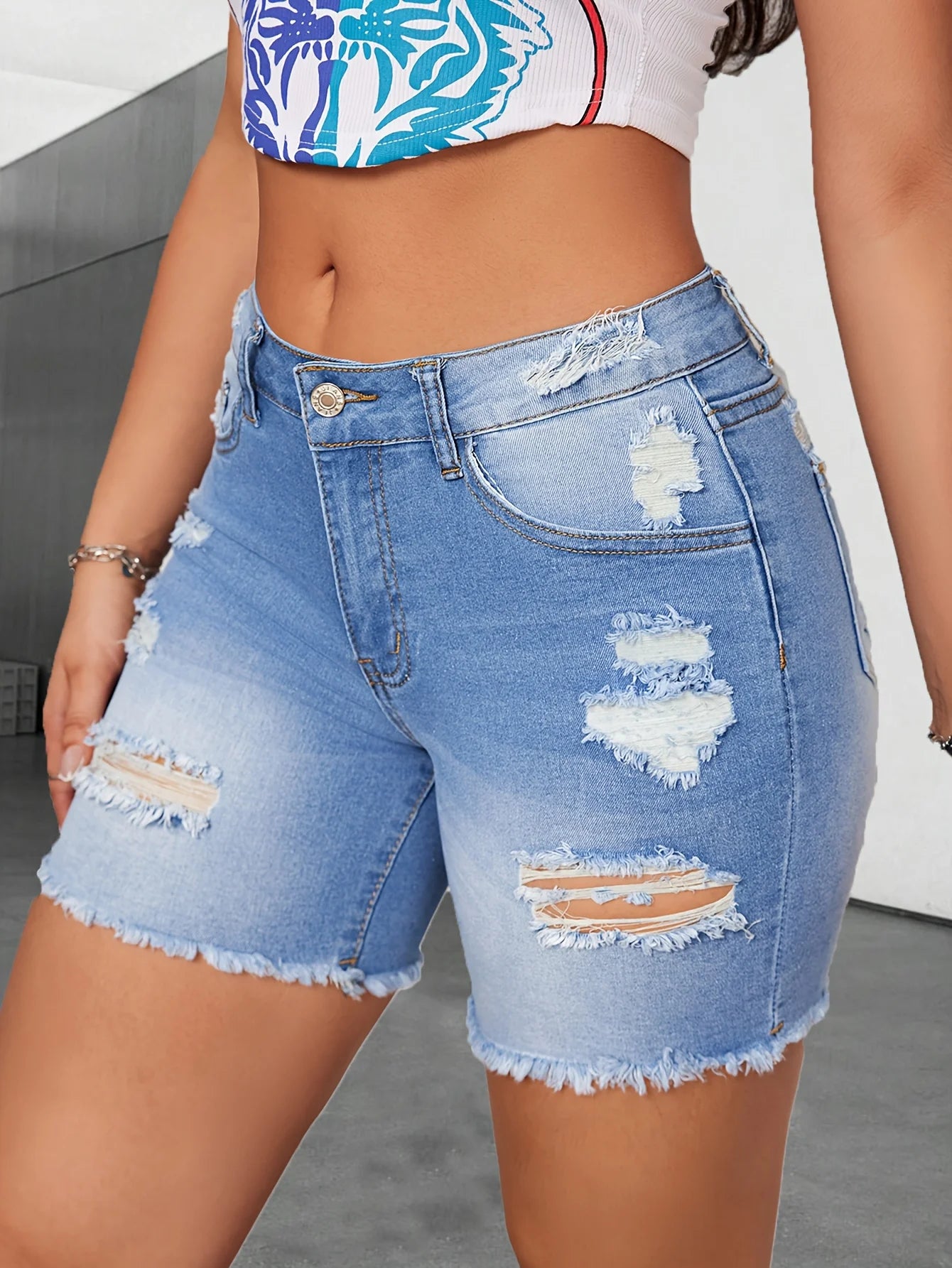 Summer Women's Denim Shorts, Light Blue Ripped Hem Jeans, Stretch Casual Fashion Denim Shorts