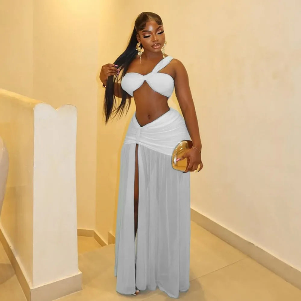 Sexy Mesh Ruched 2 Piece Sets Woman Strapless Crop Tops And High Split Long Skirts Suits Elegant Beach Vacation Clothing