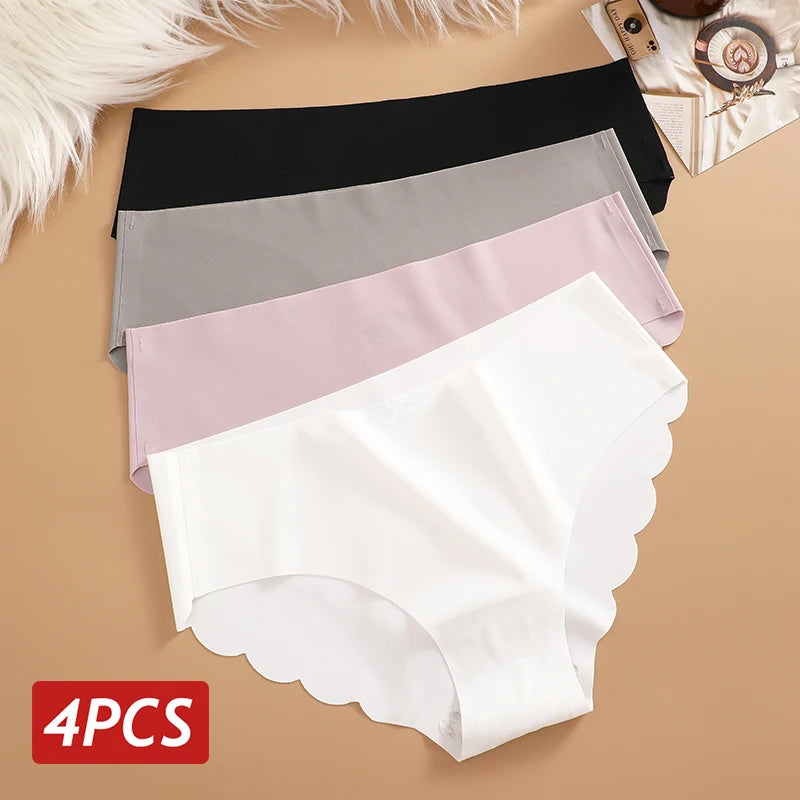 4PCS Ice Silk Seamless Panties Set Women's Briefs Solid Color Elastic Underwear Female Ultra Thin No Trace Wavy Side Panties