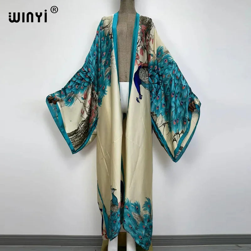 Women Cardigan stitch Cocktail sexy Boho Maxi African Holiday Batwing Sleeve Silk feeling Robe