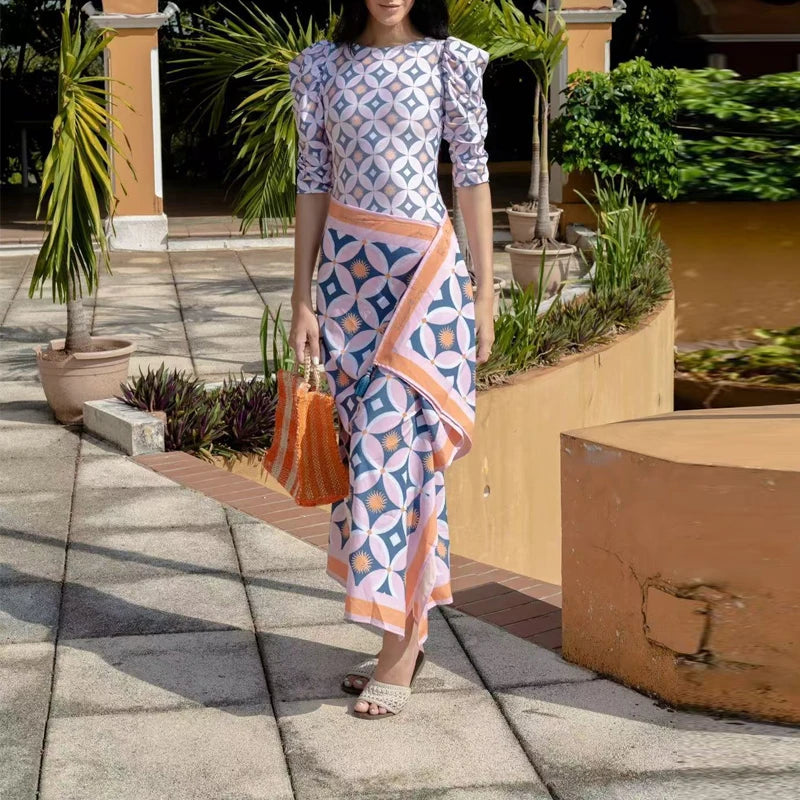 Summer New Beach Vacation 2 Piece Casual Pattern Printed Swimsuits Suits Fashion Slim Long Sleeve Bodysuit + Half Skirts Outfits