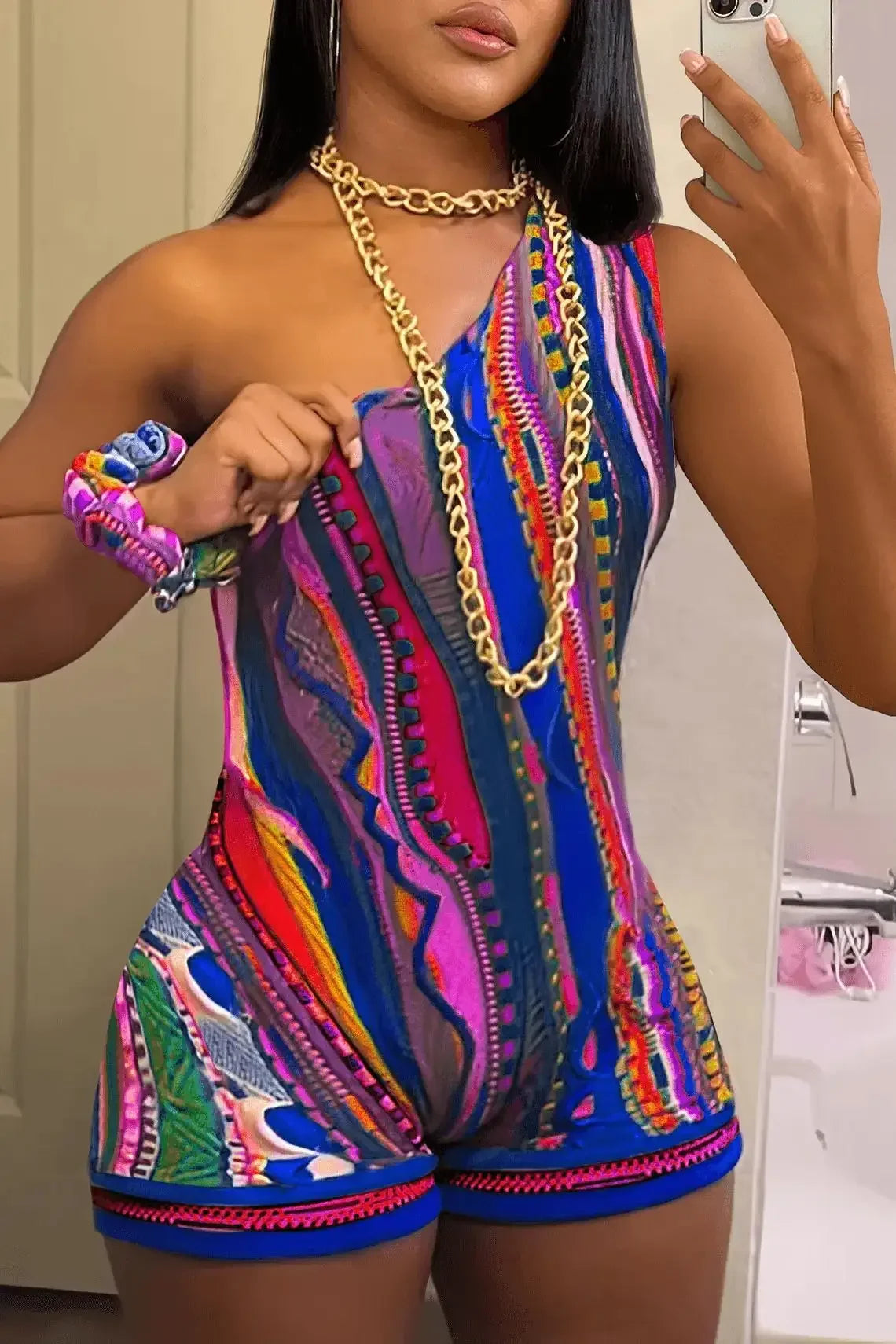 Striped Paisley Print Women's Set One Shoulder Tank Top and Shorts Two 2 Piece Set Outfits Tracksuit