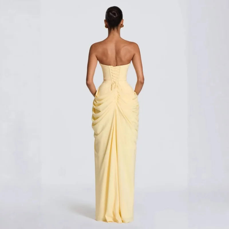 FL Women Sexy Solid Pleated Strapless Dress Lady Chic Off-shoulder Backless High Waist Split Dresses 2026 New Evening Party Gown
