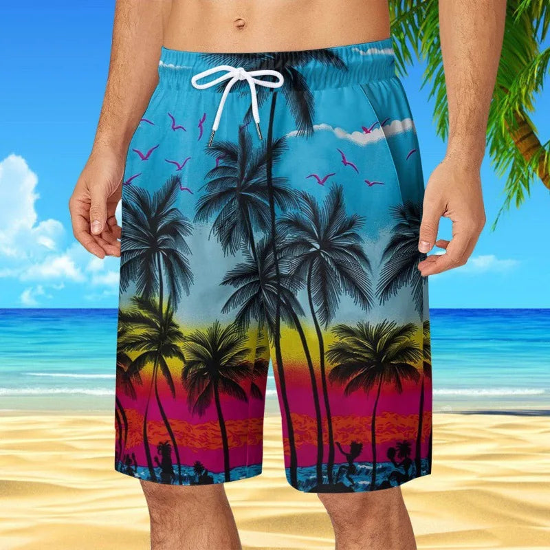 Men's Hawaiian Beach Shorts Coconut Tree 3D Print Quick Dry Oversized Surfing Board Shorts Summer Swimsuits Trunks Man Clothing