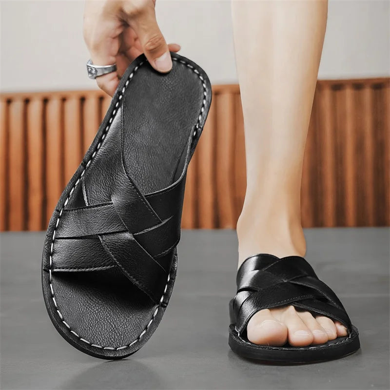 Handmade Leather Slippers for Men, Beach Summer Walking Shoes Slip on Light Male Flats Men Flip-flops Outdoor Half Drag