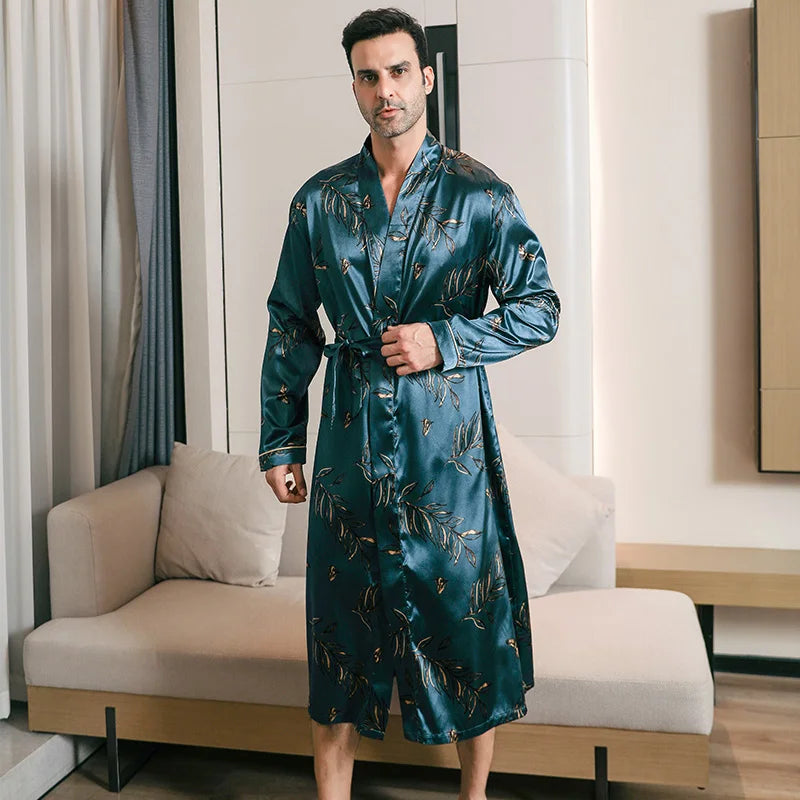 Pajama men's spring and autumn silk thin style oversized pajamas long sleeved bathrobes ice silk bathrobes