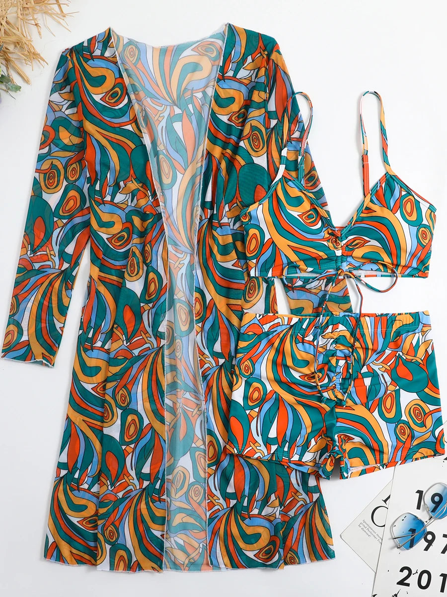 3 Piece Sexy Printed Bikinis 2026 Women High Waist Swimsuit Cover Up Swimwear Female Lady Bathing Suit Swimming Summer Beachwear