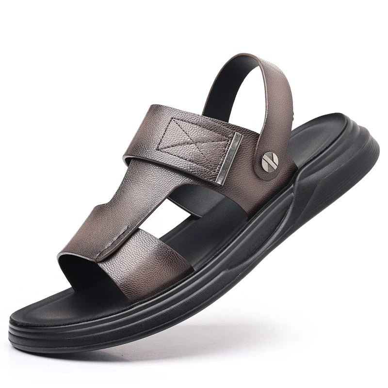 Mens First Layer Sheepskin Summer Sandals Genuine Leather Beach Shoes Casual Slip On Leather Slippers Comfortable Outdoor Male