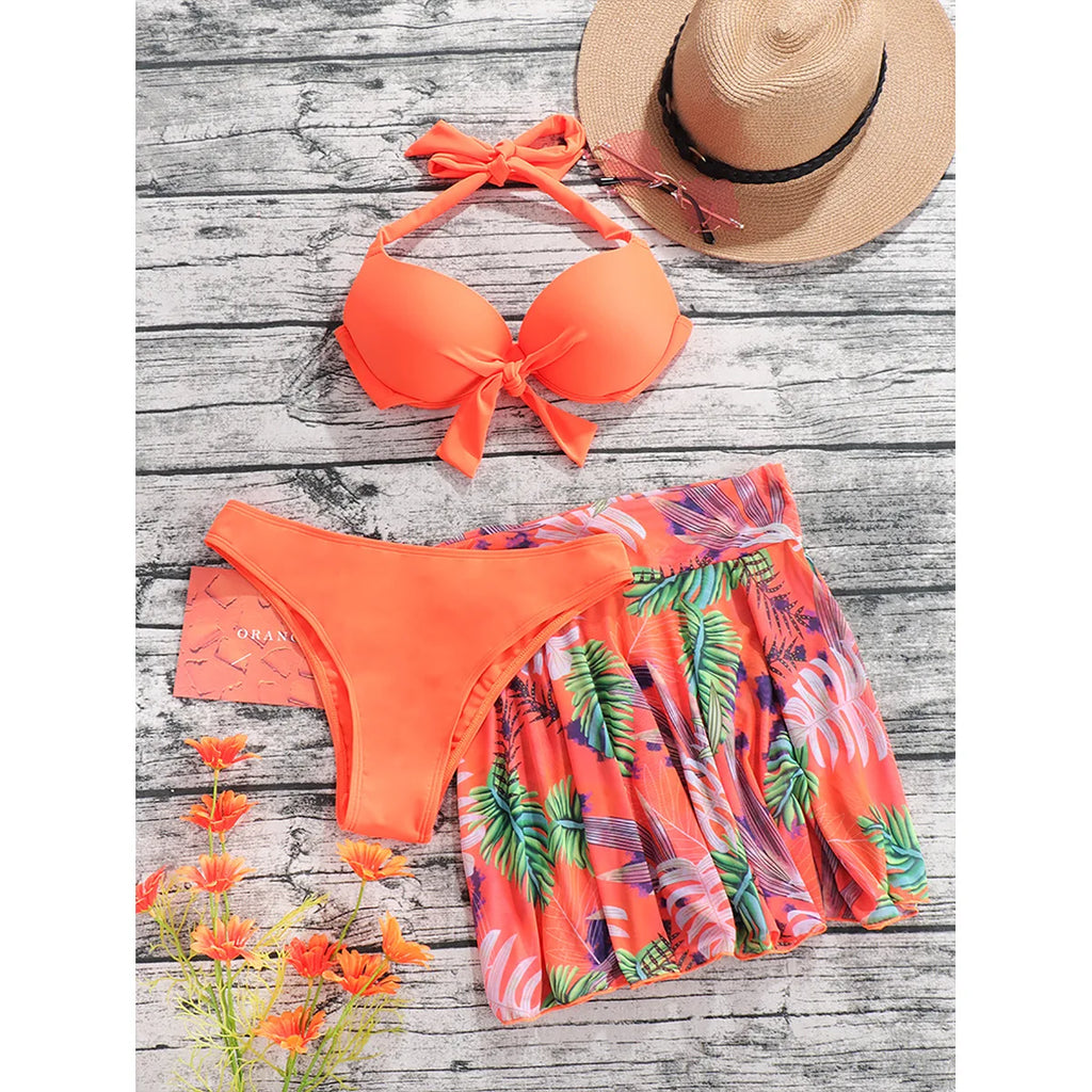 Cikini-Tropical Print Push Up Bikinis Set for Women, Swimsuit with Beach Skirt, Sexy Swimwear, Summer Bathing Suit